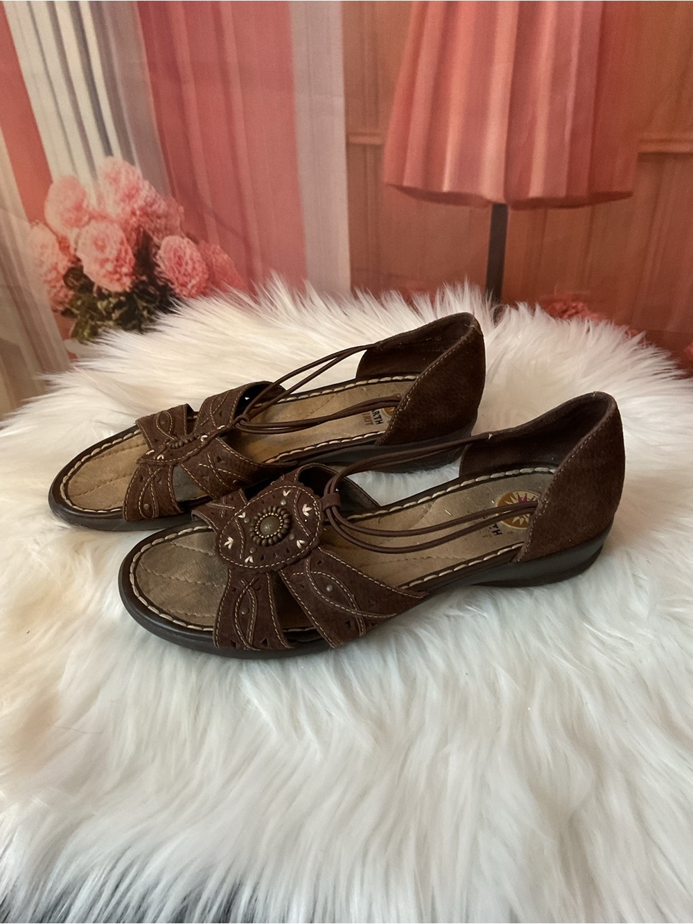 Earth Brown Floral Cutout Slingback Flats